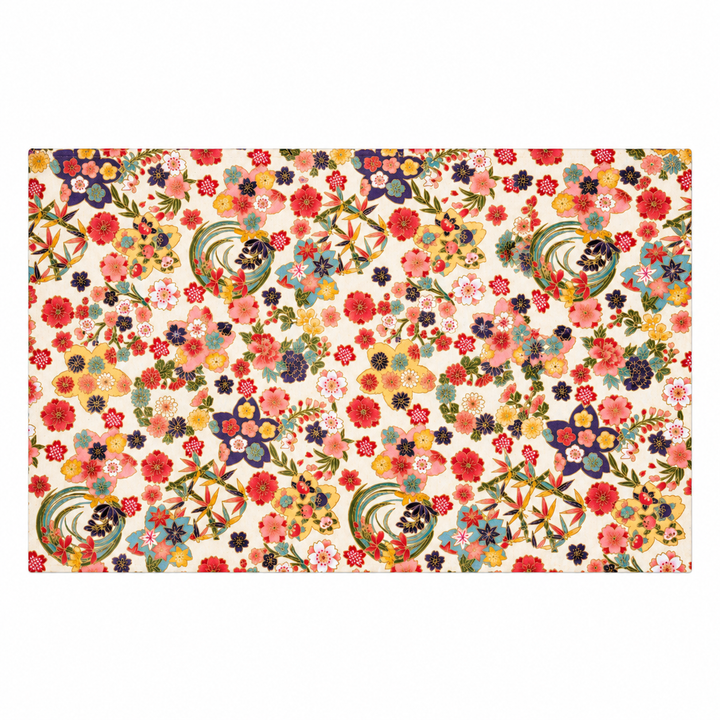 Cherry Blossom, Bamboo and Flowing Water Gold-Effect Japanese-Pattern Tea Mat | White