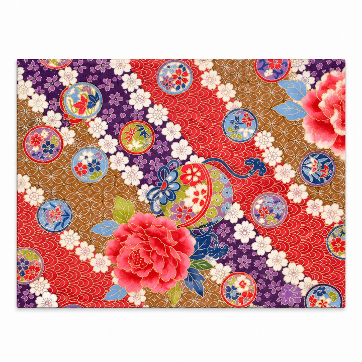 Peony and Cherry Blossom Gold-Effect Japanese-Pattern Tea Mat | Red and Purple