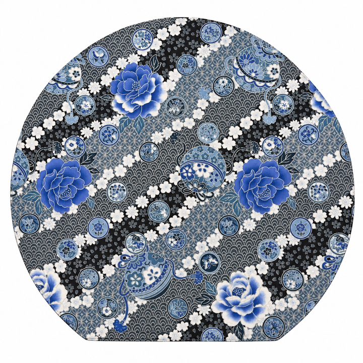 WATOSORA Peony and Temari Half-Moon Mat | Navy, Made in Japan, Reversible, 34.5 × 31.5cm