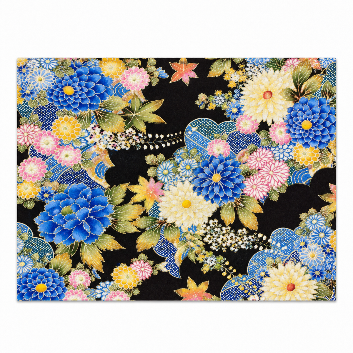 Peony and Chrysanthemum Gold-Effect Japanese-Pattern Tea Mat | Black and Blue