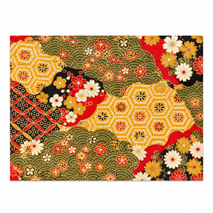 Chrysanthemum and Seigaiha Waves Gold-Effect Japanese-Pattern Tea Mat | Red, Yellow and Deep Green
