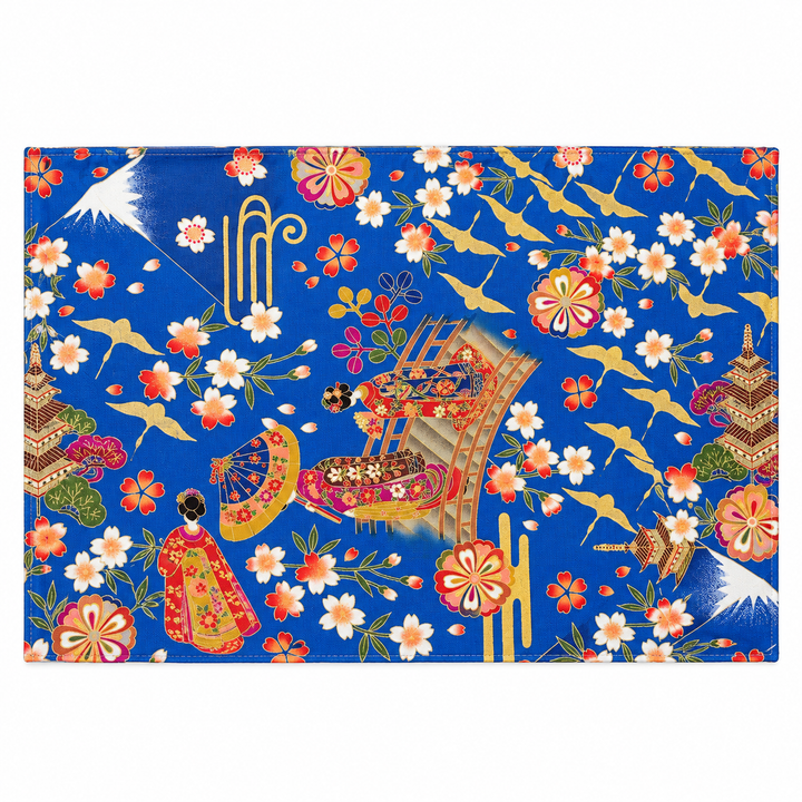 Mount Fuji, Cherry Blossom and Maiko Gold-Effect Japanese-Pattern Tea Mat | Blue