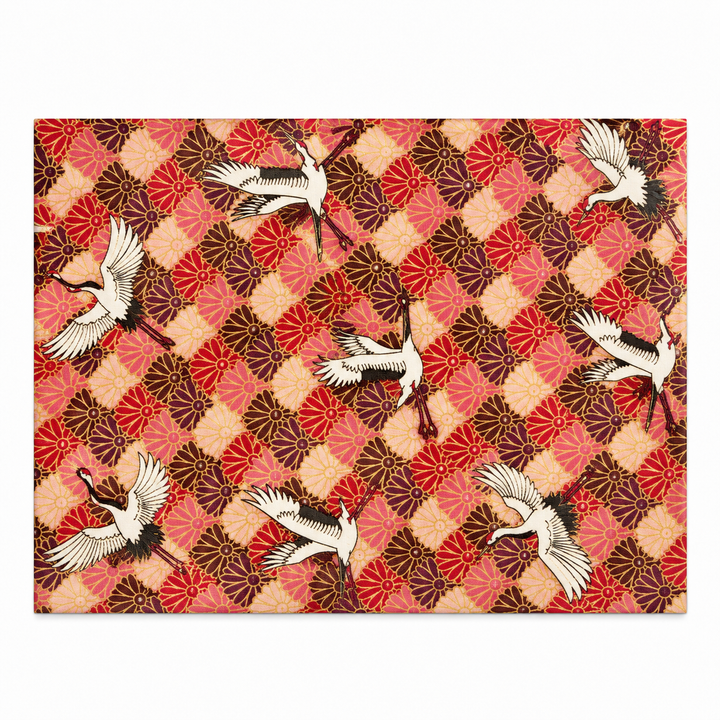 Crane and Chrysanthemum Gold-Effect Japanese-Pattern Tea Mat | Red and Pink