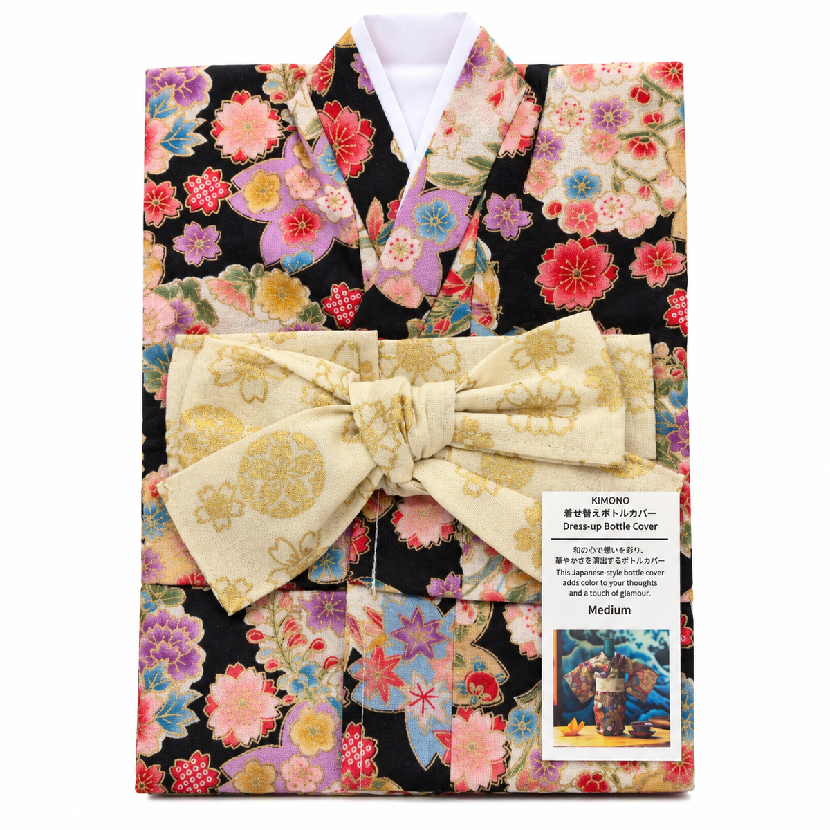 KIMONO 和服酒瓶套｜黑底华丽花卉・和式设计・Medium
