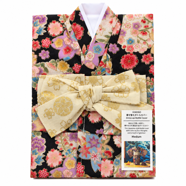 KIMONO 和服酒瓶套｜黑底华丽花卉・和式设计・Medium