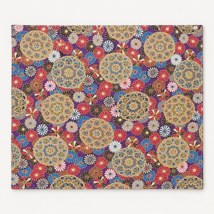 Chrysanthemum and Floral Medallions Gold-Effect Japanese-Pattern Tea Mat | Purple