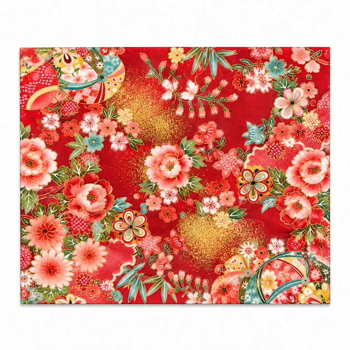 Peony and Cherry Blossom Gold-Effect Japanese-Pattern Tea Mat | Red