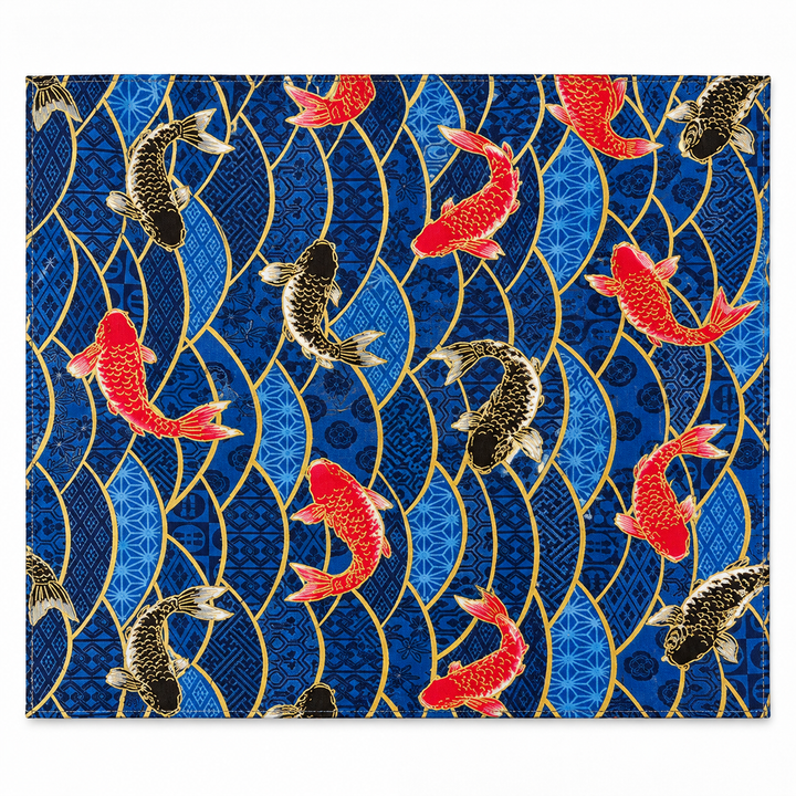Koi and Flowing Water Gold-Effect Japanese-Pattern Tea Mat | Navy