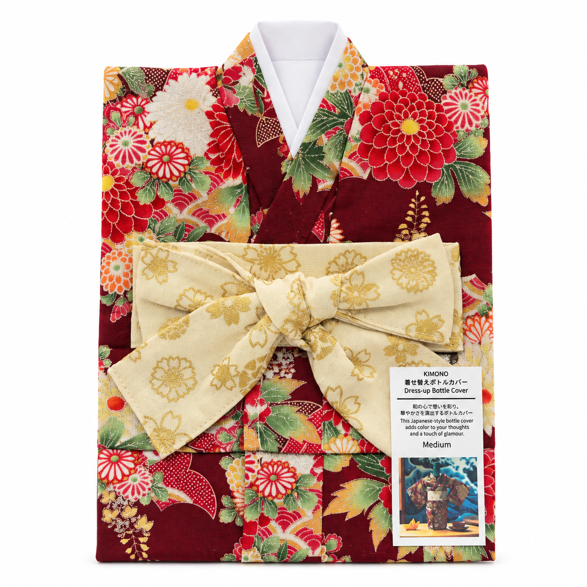 KIMONO 和服酒瓶套｜深红华丽菊花・和式设计・Medium