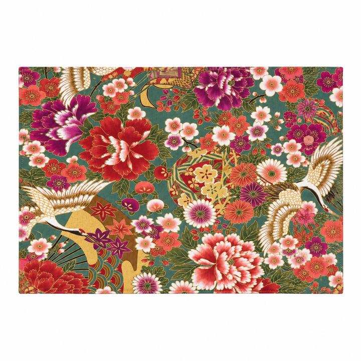 Crane, Peony and Cherry Blossom Gold-Effect Japanese-Pattern Tea Mat | Deep Green, Red and Purple