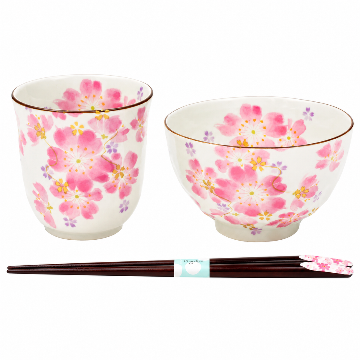 美濃焼 セラミック藍 花かいろう 飯碗・湯呑セット｜桜柄・天宝箸付き 和風食器ギフト