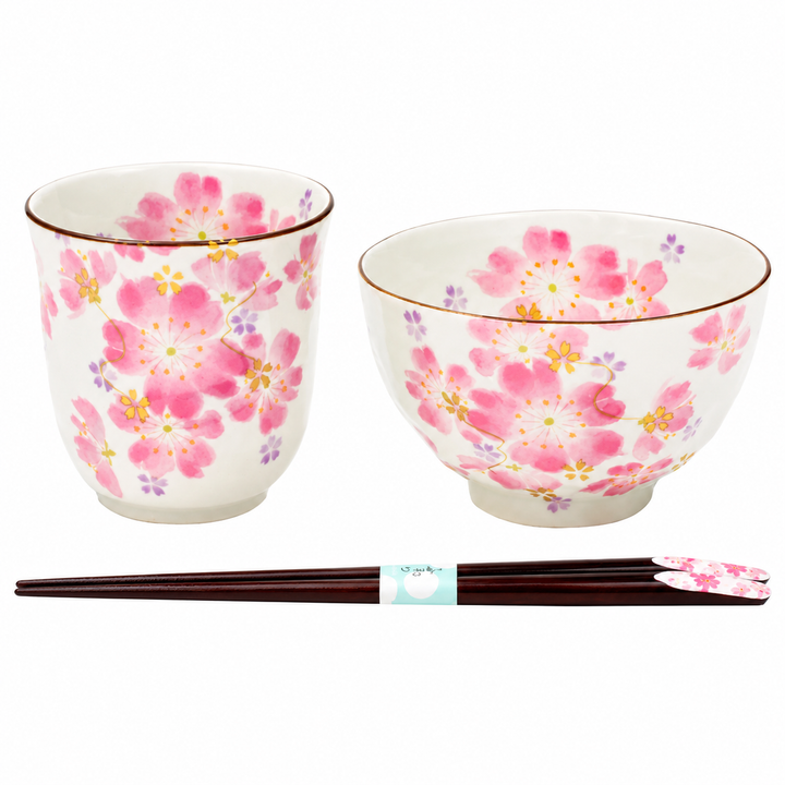 美濃焼 セラミック藍 花かいろう 飯碗・湯呑セット｜桜柄・天宝箸付き 和風食器ギフト