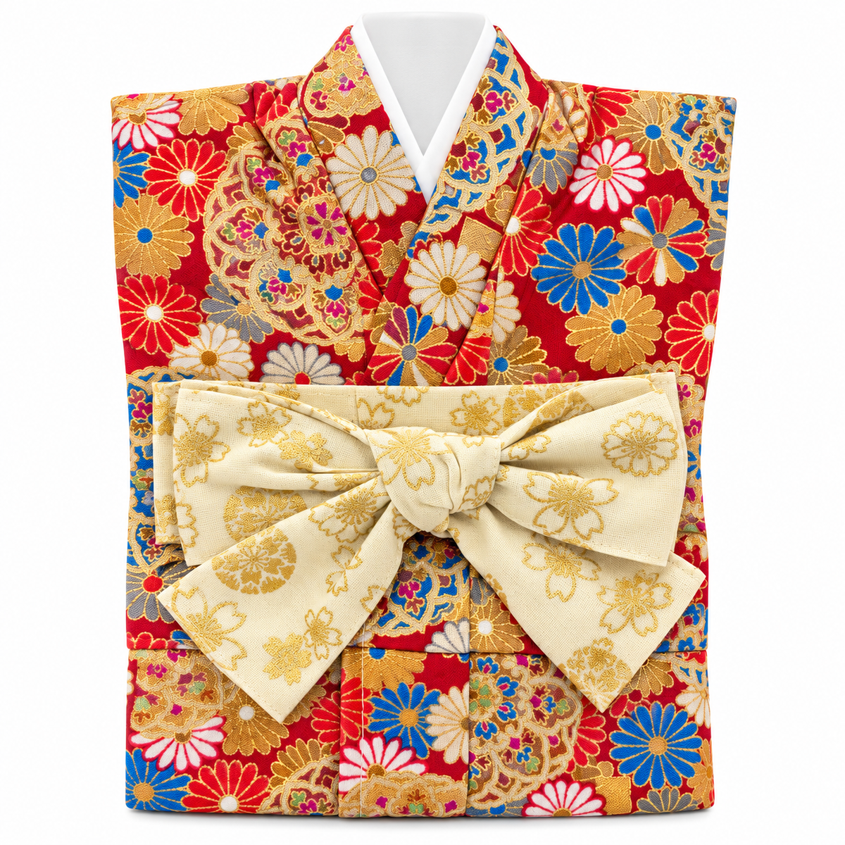 KIMONO 着物ボトルカバー Mサイズ｜赤地金彩菊花・華やかな花柄／金彩風桜模様の帯リボン