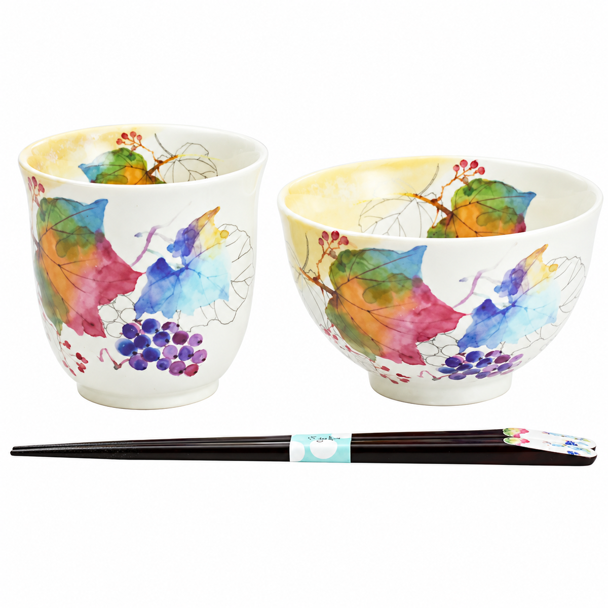 美濃焼 セラミック藍 花つみ 飯碗・湯呑セット｜ぶどう柄・天宝箸付き 和風食器ギフト