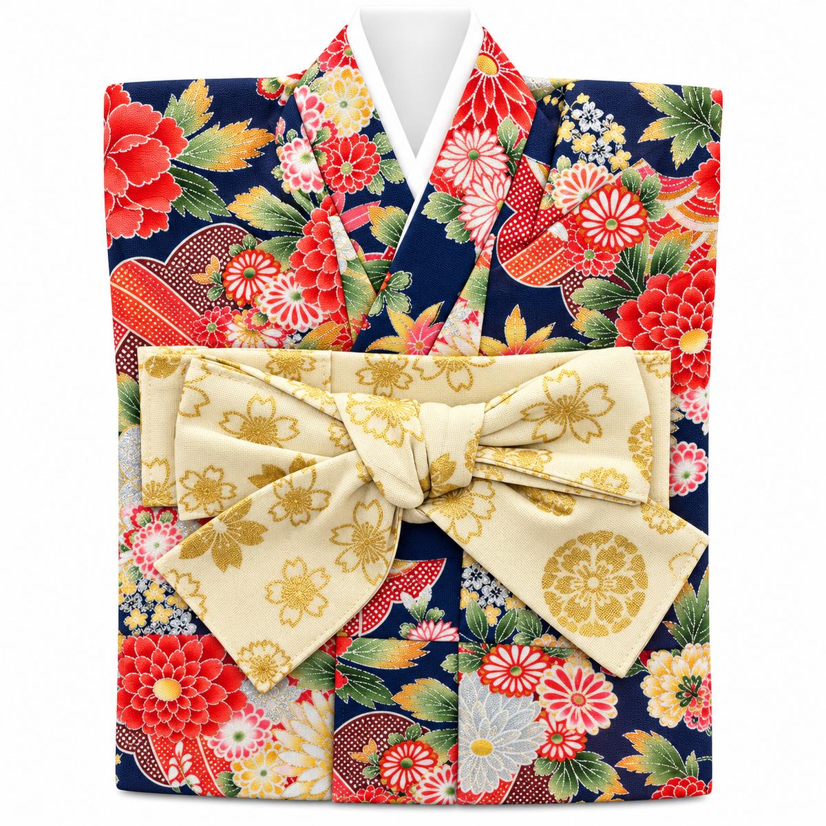KIMONO 着物ボトルカバー Mサイズ｜紺地菊花・華やかな花柄／金彩風桜模様の帯リボン