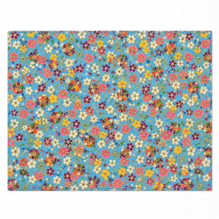 Colourful Small Flowers Gold-Effect Japanese-Pattern Tea Mat | Light Blue