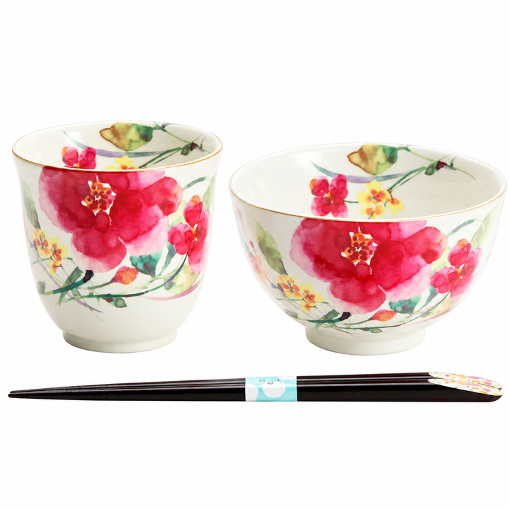 美濃焼 セラミック藍 花水彩 飯碗・湯呑セット|シュウメイ菊柄・天宝箸付き 和風食器ギフト