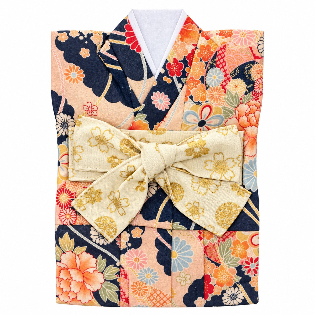 KIMONO 着物ボトルカバー Mサイズ｜紺地牡丹・桜・華やかな花柄／金彩風桜模様の帯リボン