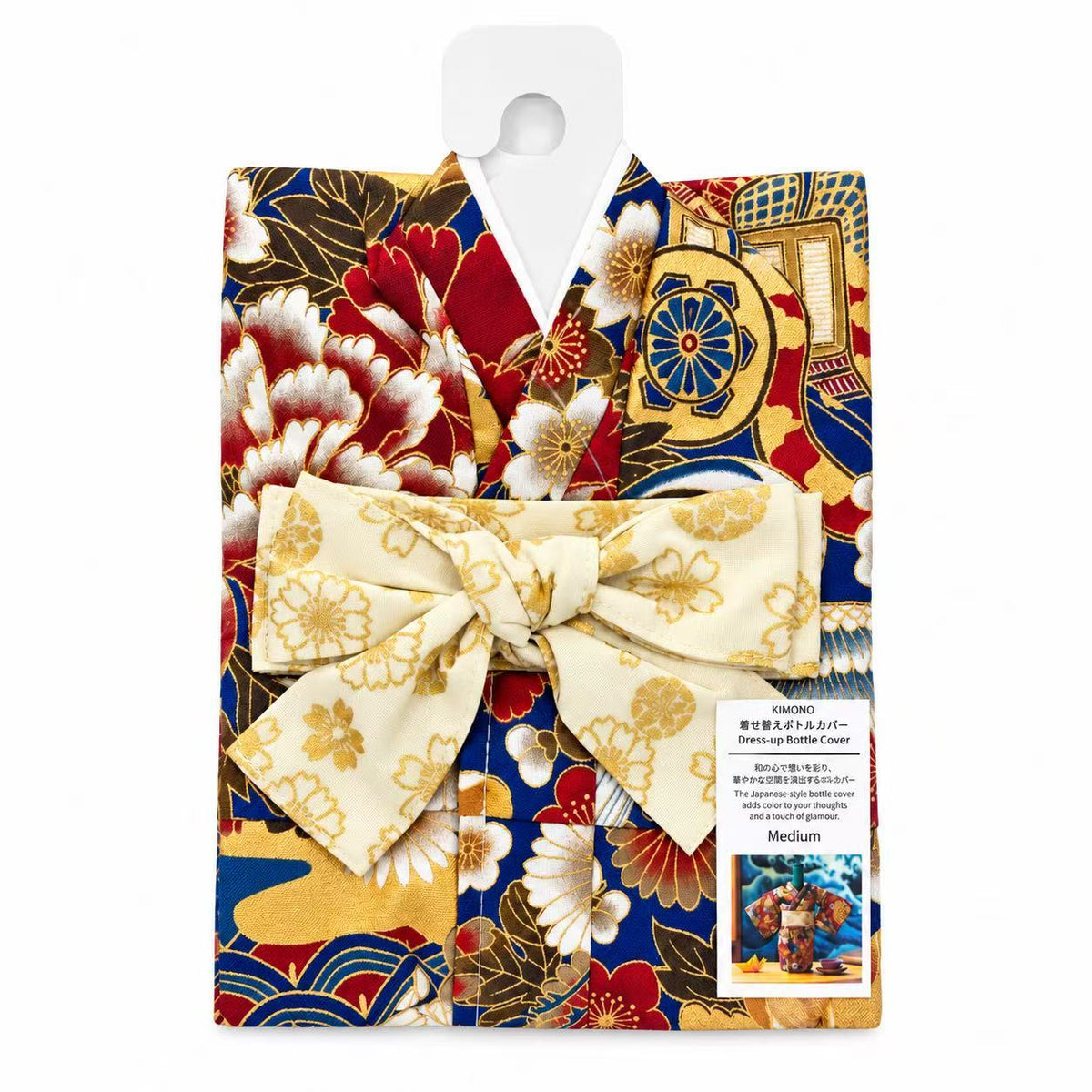 KIMONO 着物ボトルカバー Mサイズ｜紺地赤白牡丹・金彩風和柄／生成り地金色花柄の帯リボン