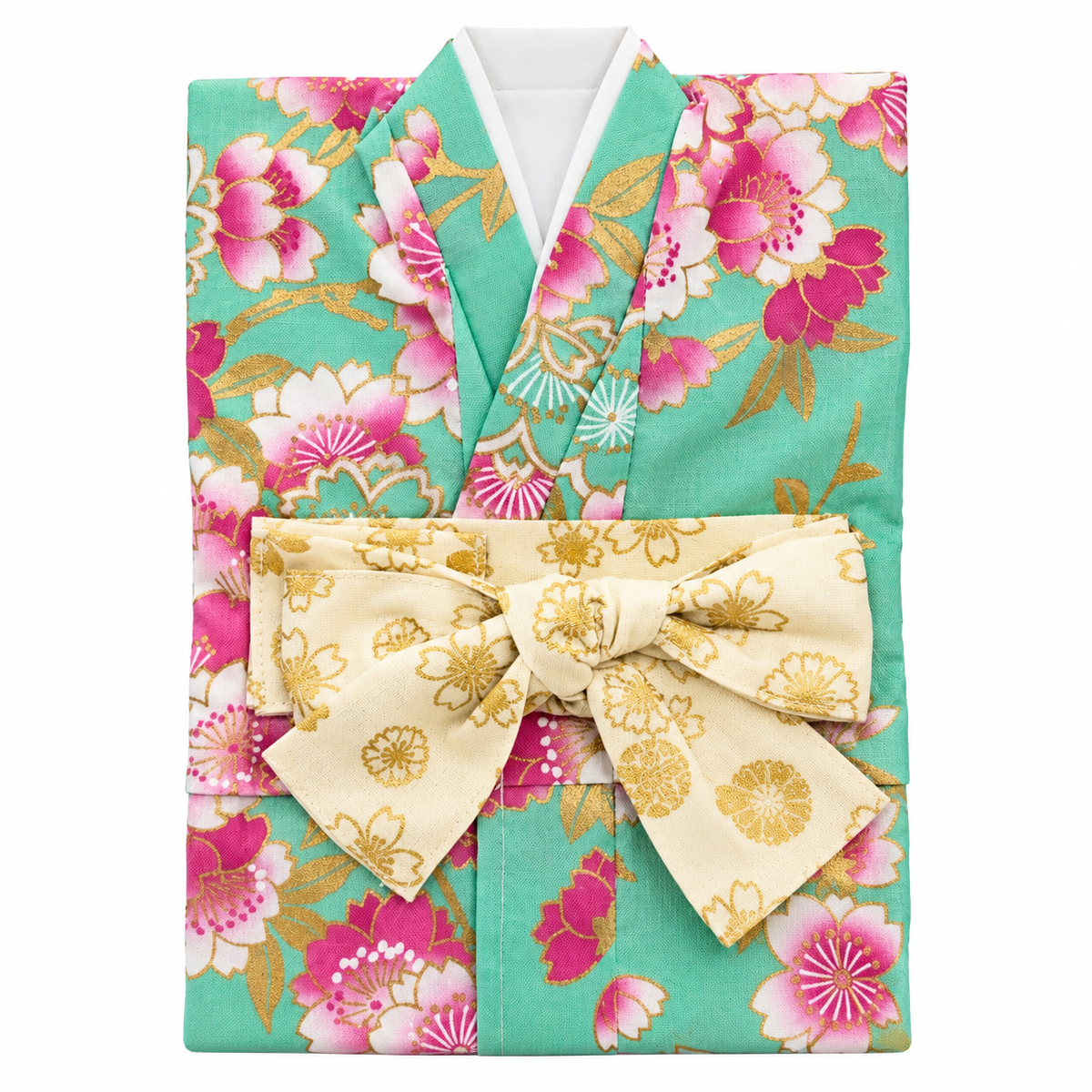 KIMONO 着物ボトルカバー Mサイズ｜翡翠色地桜・華やかな花柄／金彩風桜模様の帯リボン
