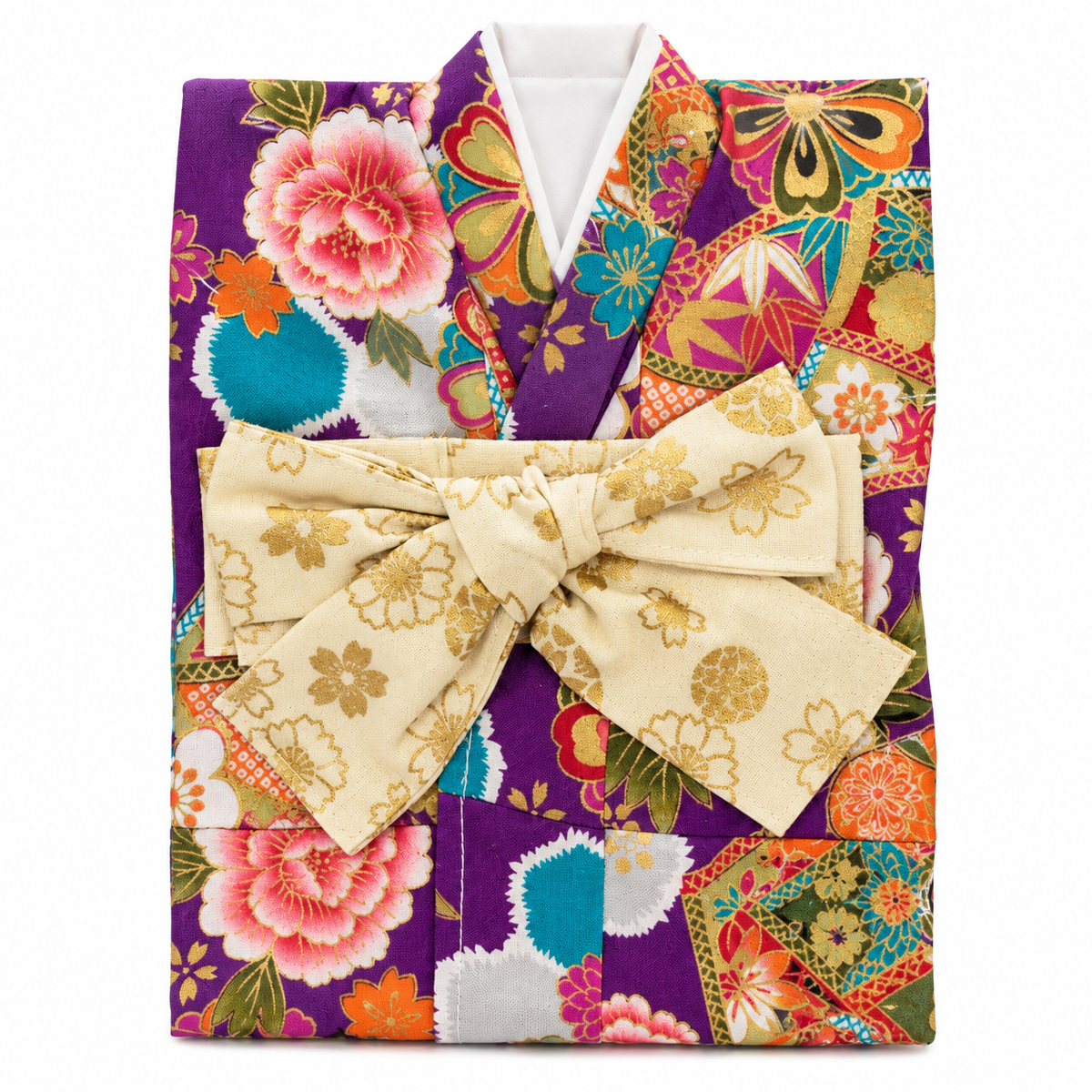 KIMONO 着物ボトルカバー Mサイズ｜紫地牡丹・華やかな花柄／金彩風桜模様の帯リボン