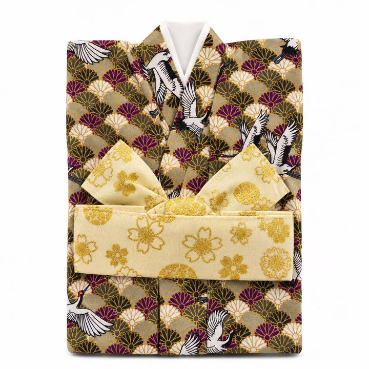 和柄 KIMONO 着物ボトルカバー|金地菊花・鶴柄/桜模様の帯リボン