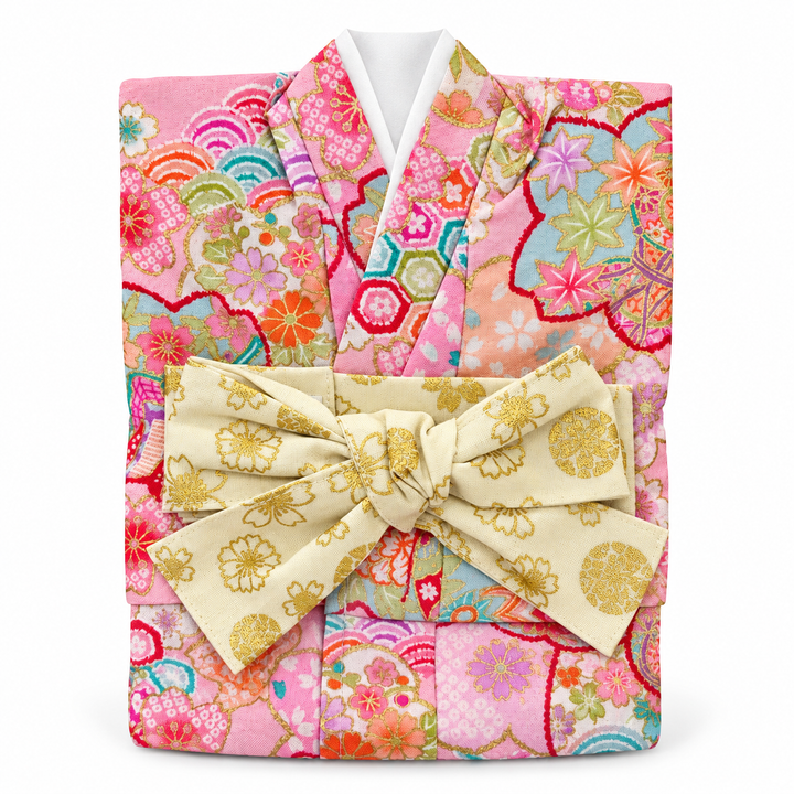 和柄 KIMONO 着物ボトルカバー|ピンク地桜・紅葉・花柄/金彩風桜模様の帯リボン