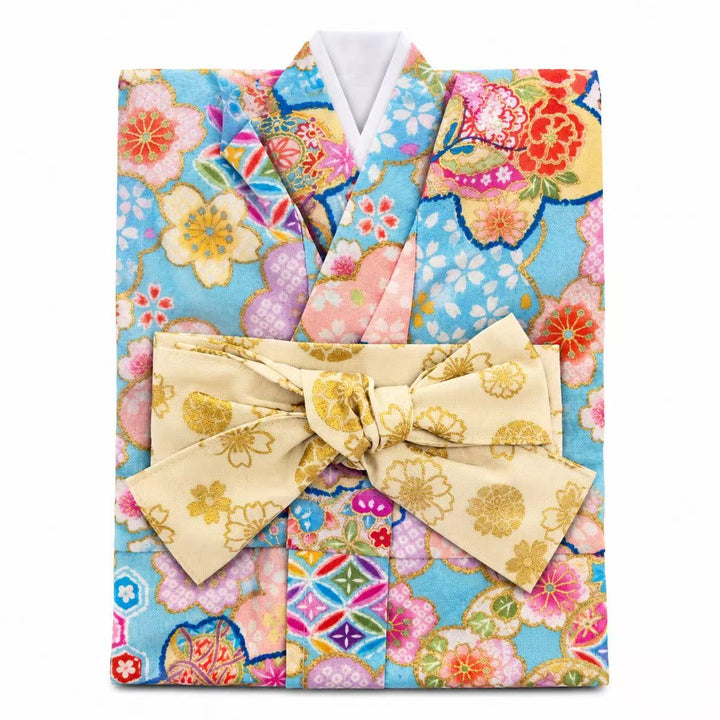 和柄 KIMONO 着物ボトルカバー|水色地桜・牡丹・華やかな花柄/金彩風桜模様の帯リボン