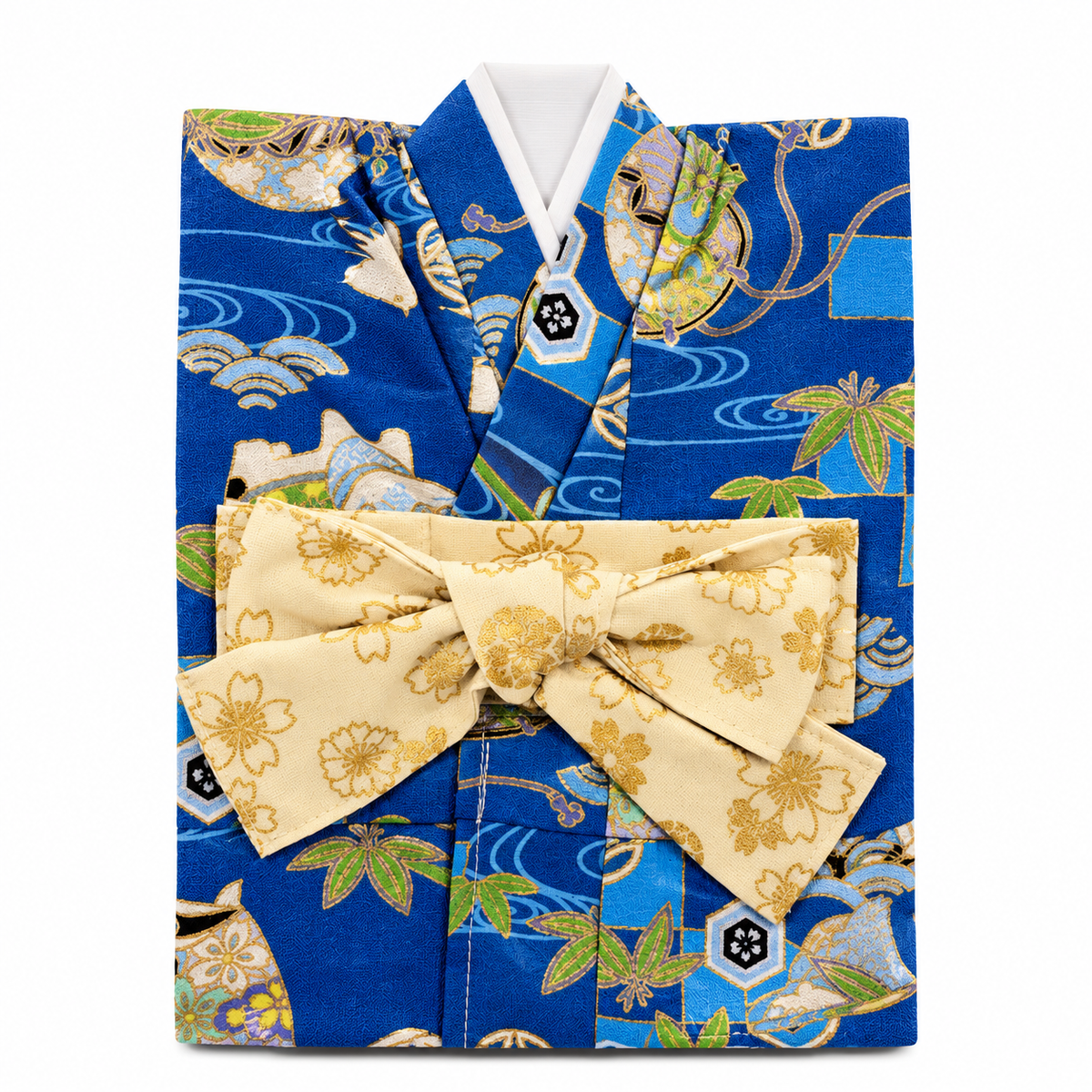 和柄 KIMONO 着物ボトルカバー｜青地鶴・流水・青海波柄／金彩風桜模様の帯リボン