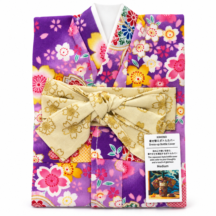 和柄 KIMONO 着物ボトルカバー Mサイズ|紫地桜・華やかな花柄/金彩風桜模様の帯リボン