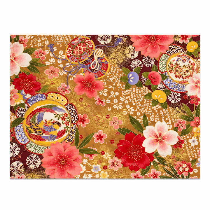 Cherry Blossom and Floral Medallions Gold-Effect Japanese-Pattern Tea Mat | Golden Brown, Red and Pink