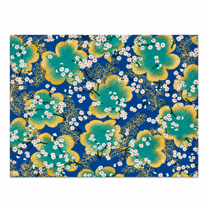 Cherry Blossom and Clouds Gold-Effect Japanese-Pattern Tea Mat | Blue and Green