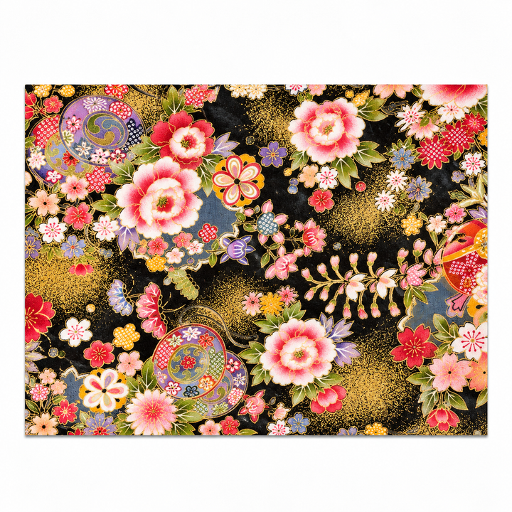 Flowers and Peony Gold-Effect Japanese-Pattern Tea Mat | Black