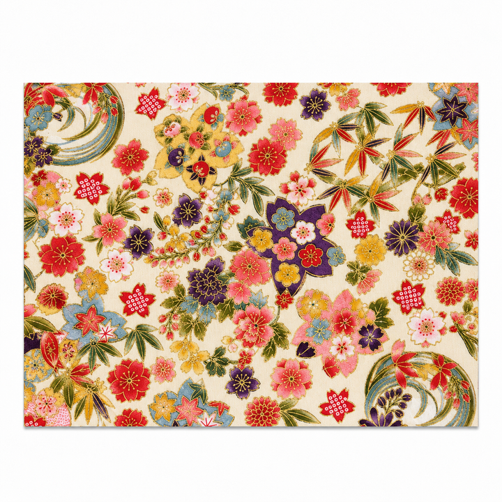 Cherry Blossom and Bamboo Gold-Effect Japanese-Pattern Tea Mat | White, Red and Pink