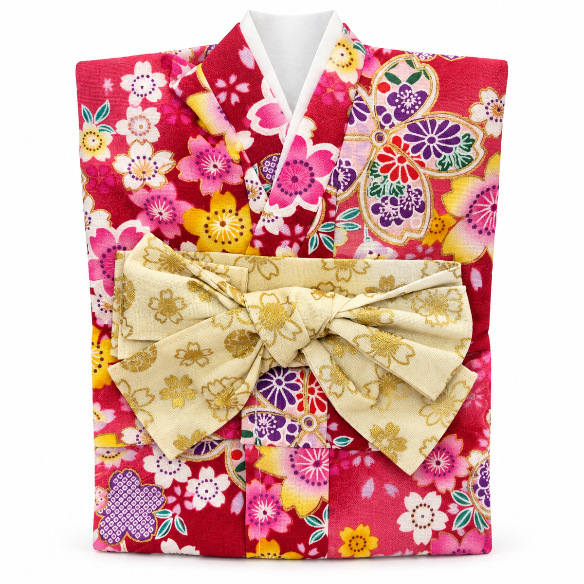 KIMONO 着物ボトルカバー Mサイズ｜赤地桜・華やかな花柄／生成り地金色桜模様の帯リボン