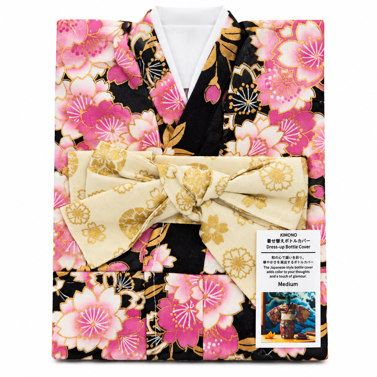 KIMONO 着物ボトルカバー Mサイズ｜黒地ピンク桜・華やかな花柄／金彩風桜模様の帯リボン