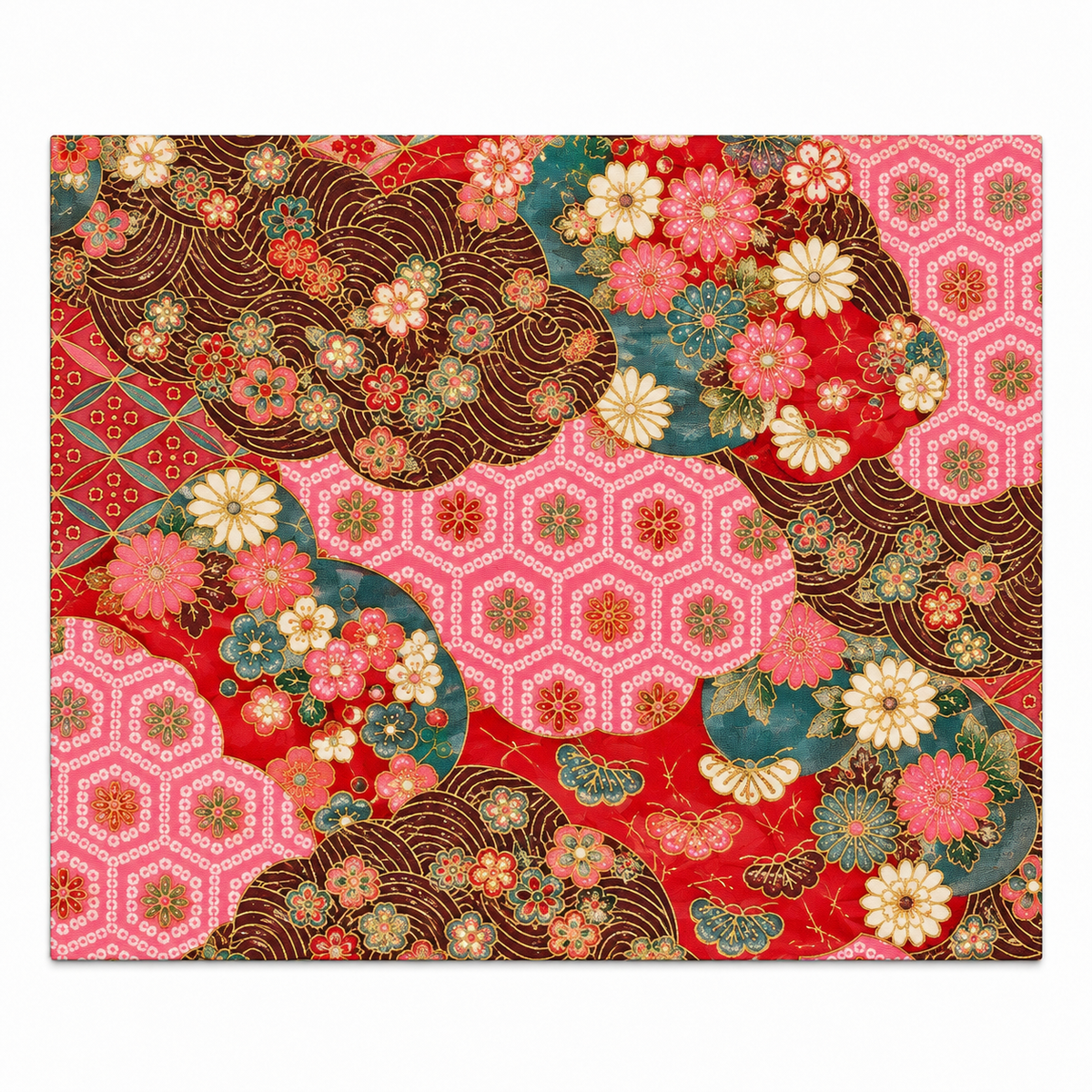 花と青海波の金彩和柄 ティーマット｜赤・日本伝統柄・和風テーブルマット