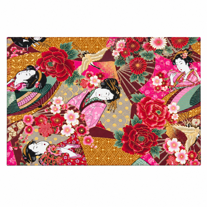 Bijin-ga, Peony and Crane Gold-Effect Japanese-Pattern Tea Mat | Golden Brown, Red and Pink