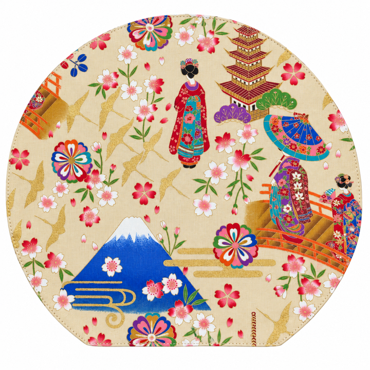 WATOSORA Mount Fuji and Maiko Half-Moon Mat | Ivory, Made in Japan, Reversible, 34.5 × 31.5cm