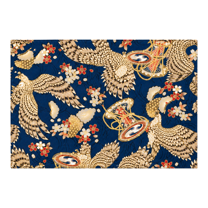 Phoenix and Cherry Blossom Gold-Effect Japanese-Pattern Tea Mat | Navy and Gold