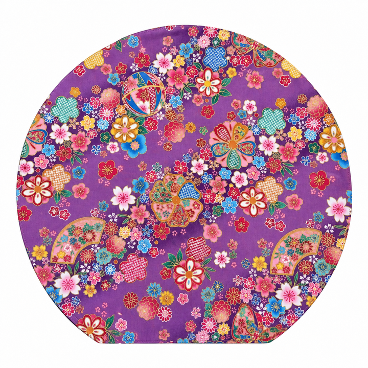 WATOSORA Flowers and Temari Half-Moon Mat | Purple, Made in Japan, Reversible, 34.5 × 31.5cm