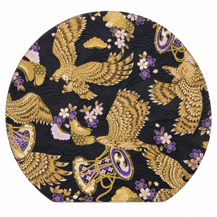 WATOSORA Hawk and Cherry Blossom Gold-Effect Pattern Half-Moon Mat | Black, Made in Japan, Reversible, 34.5 × 31.5cm