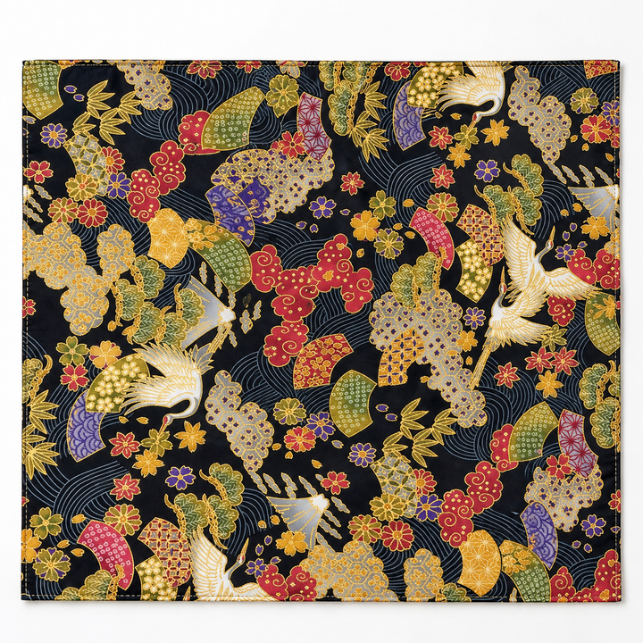 Cranes and Fans Gold-Effect Japanese-Pattern Tea Mat | Black